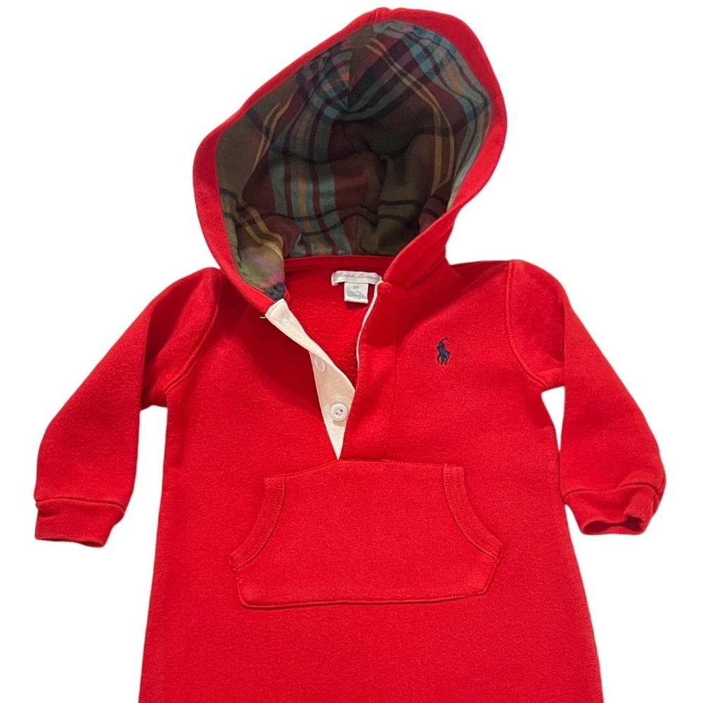 Ralph Lauren Baby Red Plaid Lined Hoodie Romper Onesie 9M